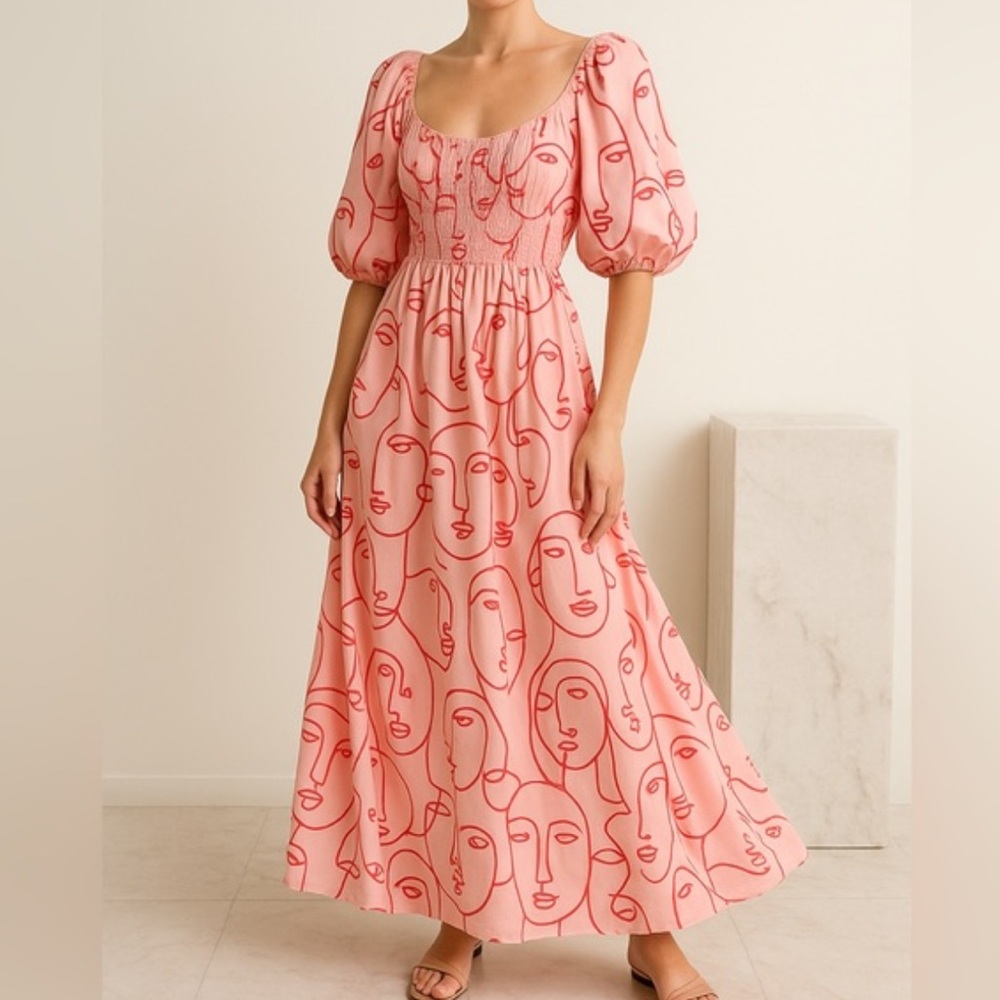 La Ligne Lola Silk Maxi Dress x Hanna Barczyk abstract face XS Wedding vacation